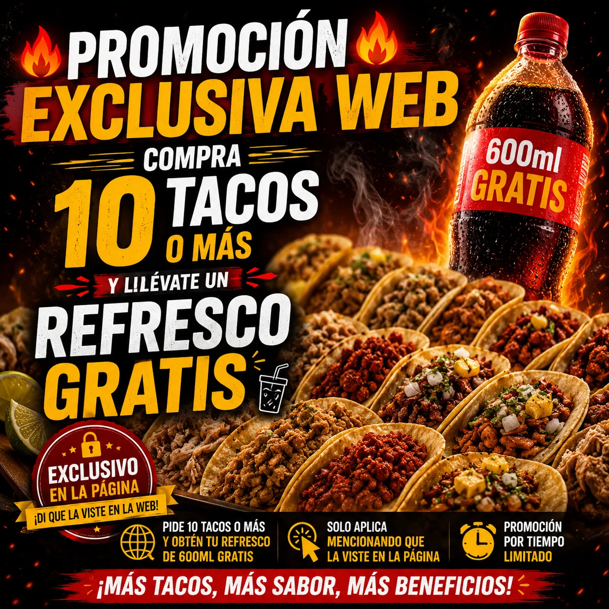 Compra 10 tacos y refresco gratis